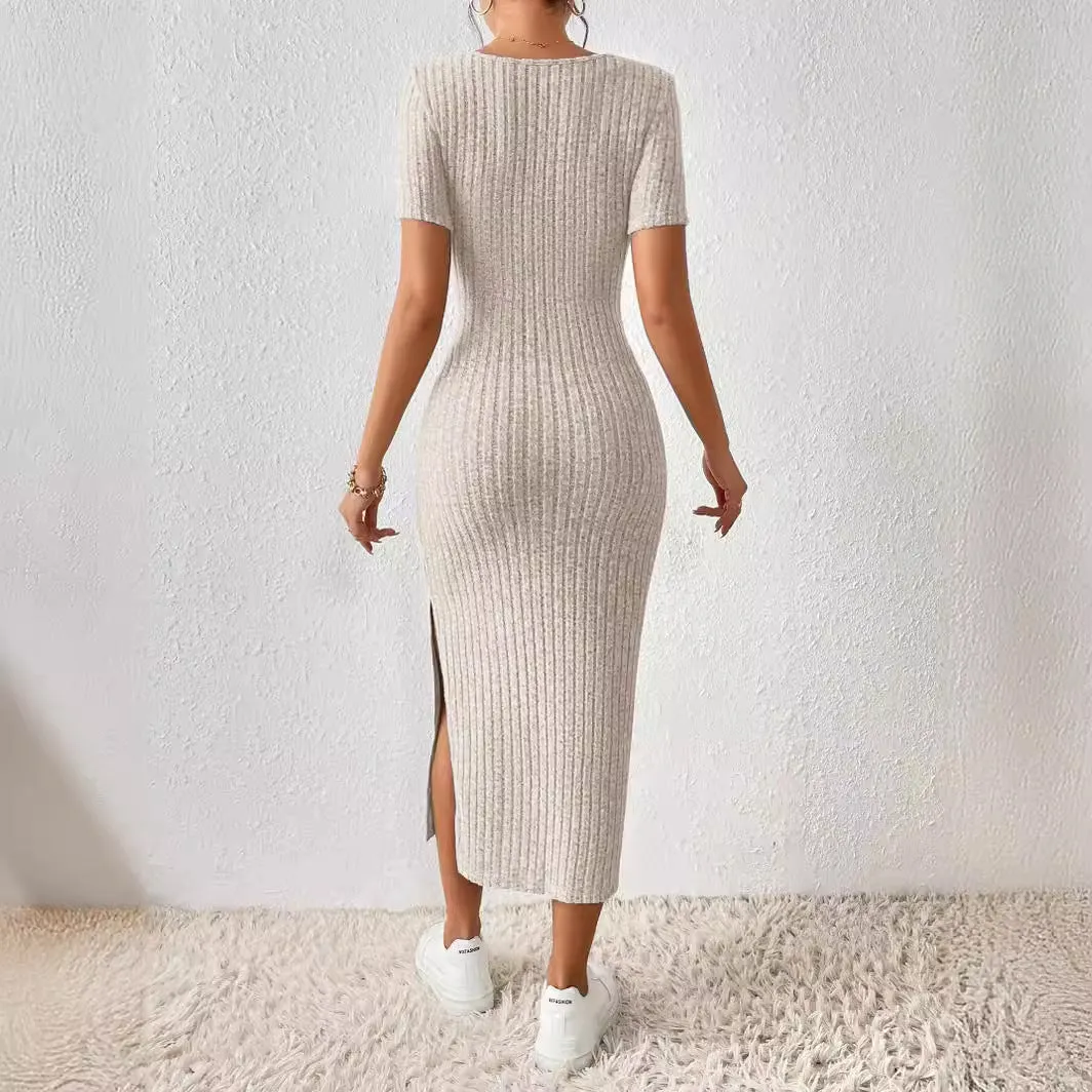 European and American Style 2024 Summer New  Women's Clothing Fashion Square Collar Sexy Slim-Fit Slit Hip-Wrapped Dress Women