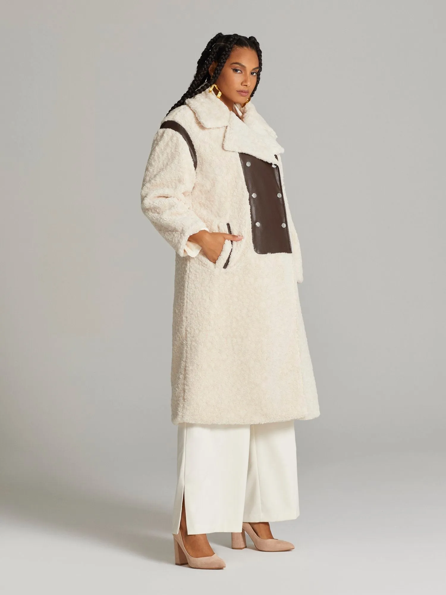 Fashion To Figure - Xolani Faux Leather Patch Sherpa Coat