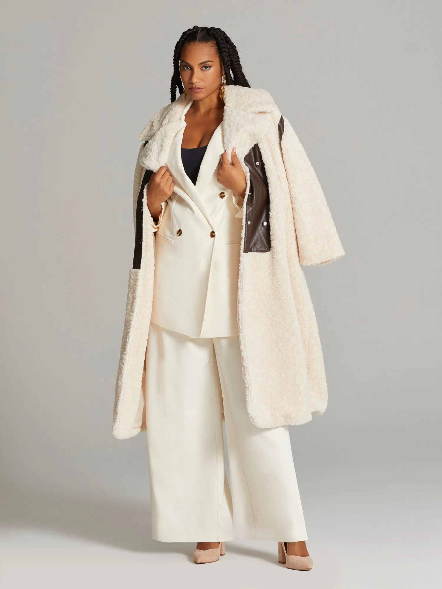 Fashion To Figure - Xolani Faux Leather Patch Sherpa Coat