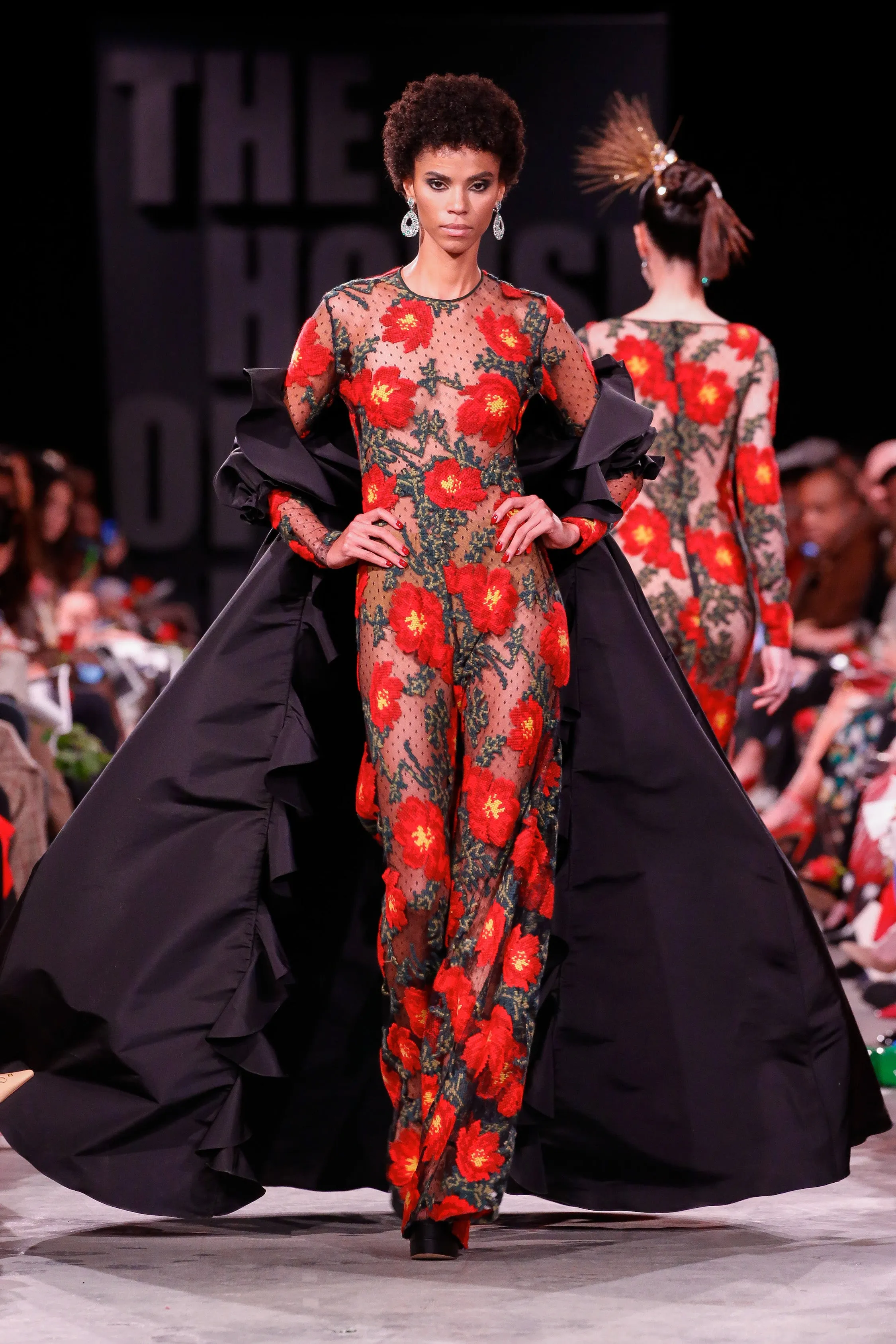 Floral Applique Long Sleeve Jumpsuit and Silk Faille Cape