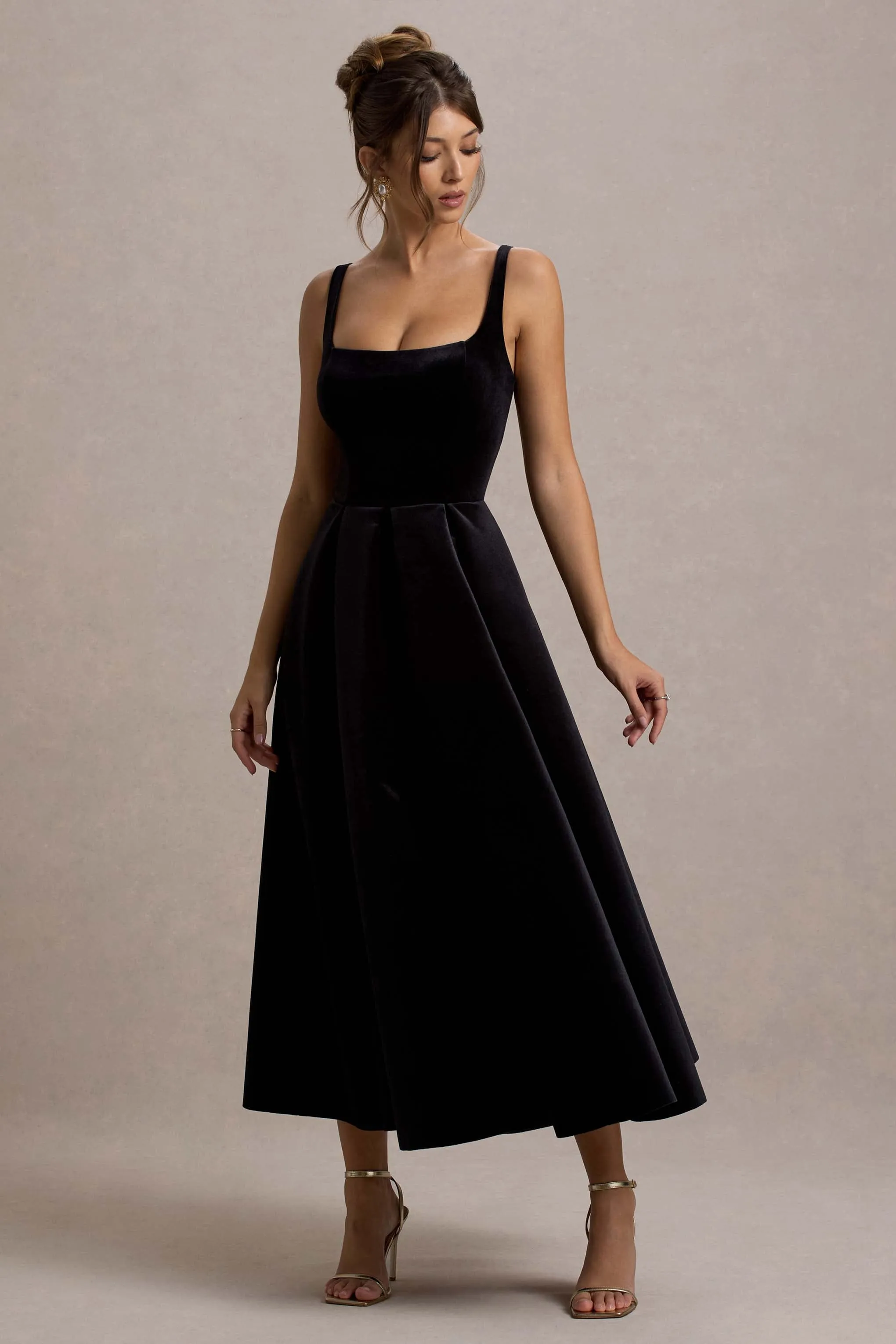 Francisca | Black Velvet Strappy Volume-Hem MIdi Dress