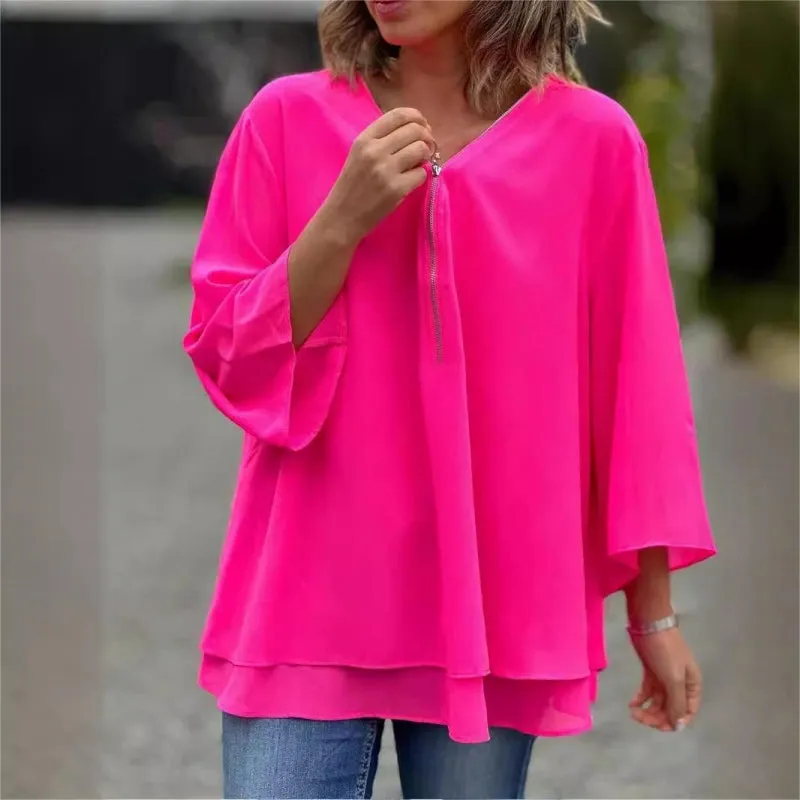 free shipping📦Double-Layer V-neck Zipper 3/4 Sleeves Trendy Tops