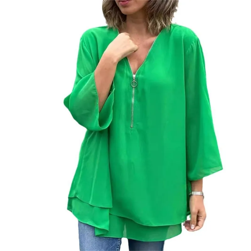 free shipping📦Double-Layer V-neck Zipper 3/4 Sleeves Trendy Tops