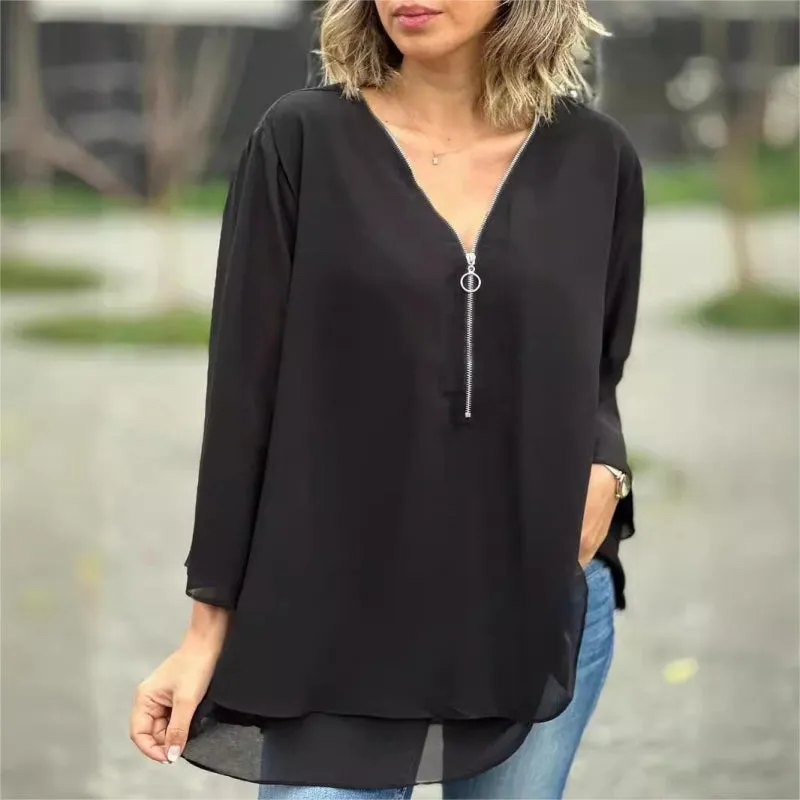 free shipping📦Double-Layer V-neck Zipper 3/4 Sleeves Trendy Tops