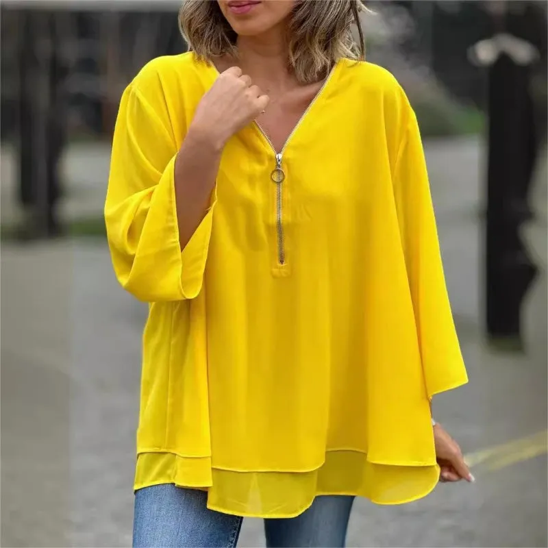 free shipping📦Double-Layer V-neck Zipper 3/4 Sleeves Trendy Tops