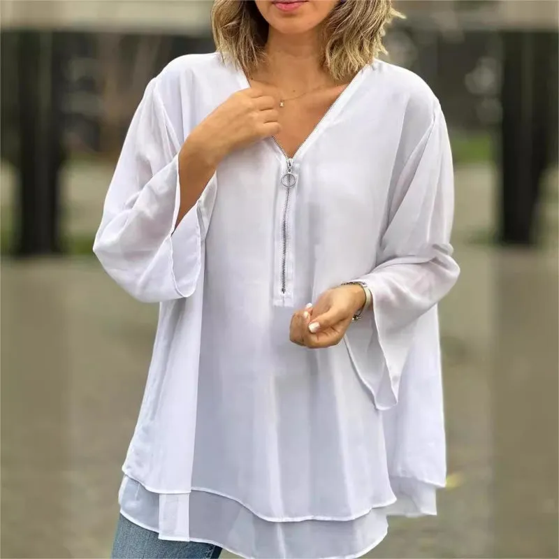 free shipping📦Double-Layer V-neck Zipper 3/4 Sleeves Trendy Tops