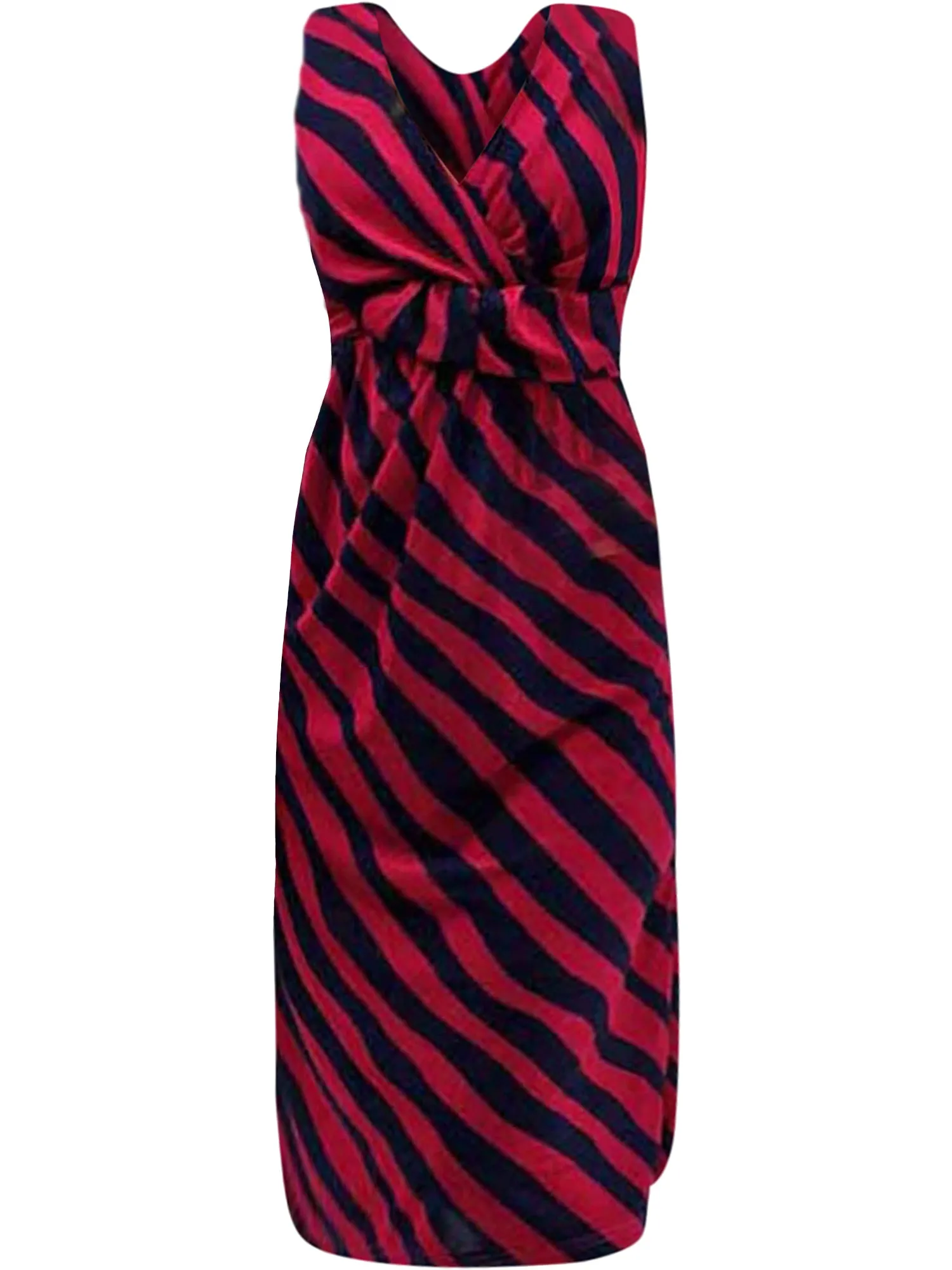 Fuchsia & Navy Blue V-Neck Knotted Striped Sleeveless Midi Dress Size Medium