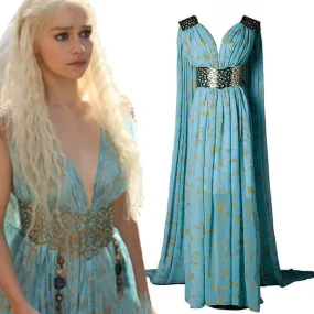 Game of Thrones Queen Daenerys Targaryen Cospaly Blue Long Dress Cape Costume