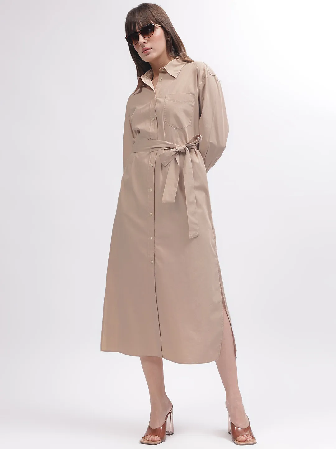 Gant Women Brown Solid Shirt Collar Full Sleeves Dress