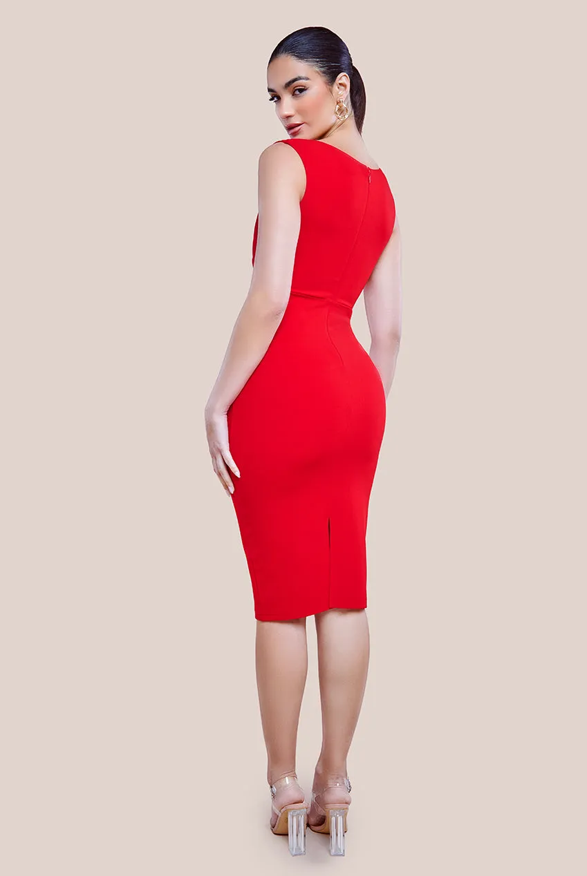 Goddiva Scuba Crepe Asymmetric Neck Midi Dress - Red