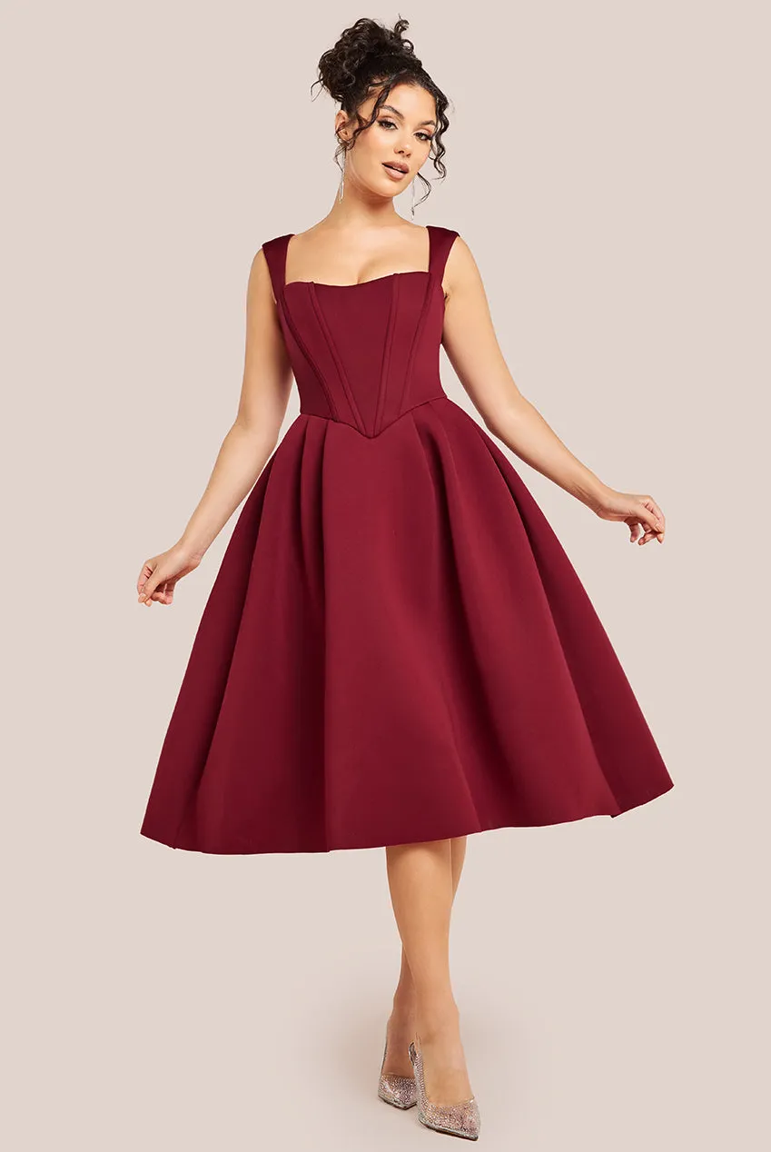 Goddiva Sleeveless Corset Fit & Flare Midi Dress - Wine