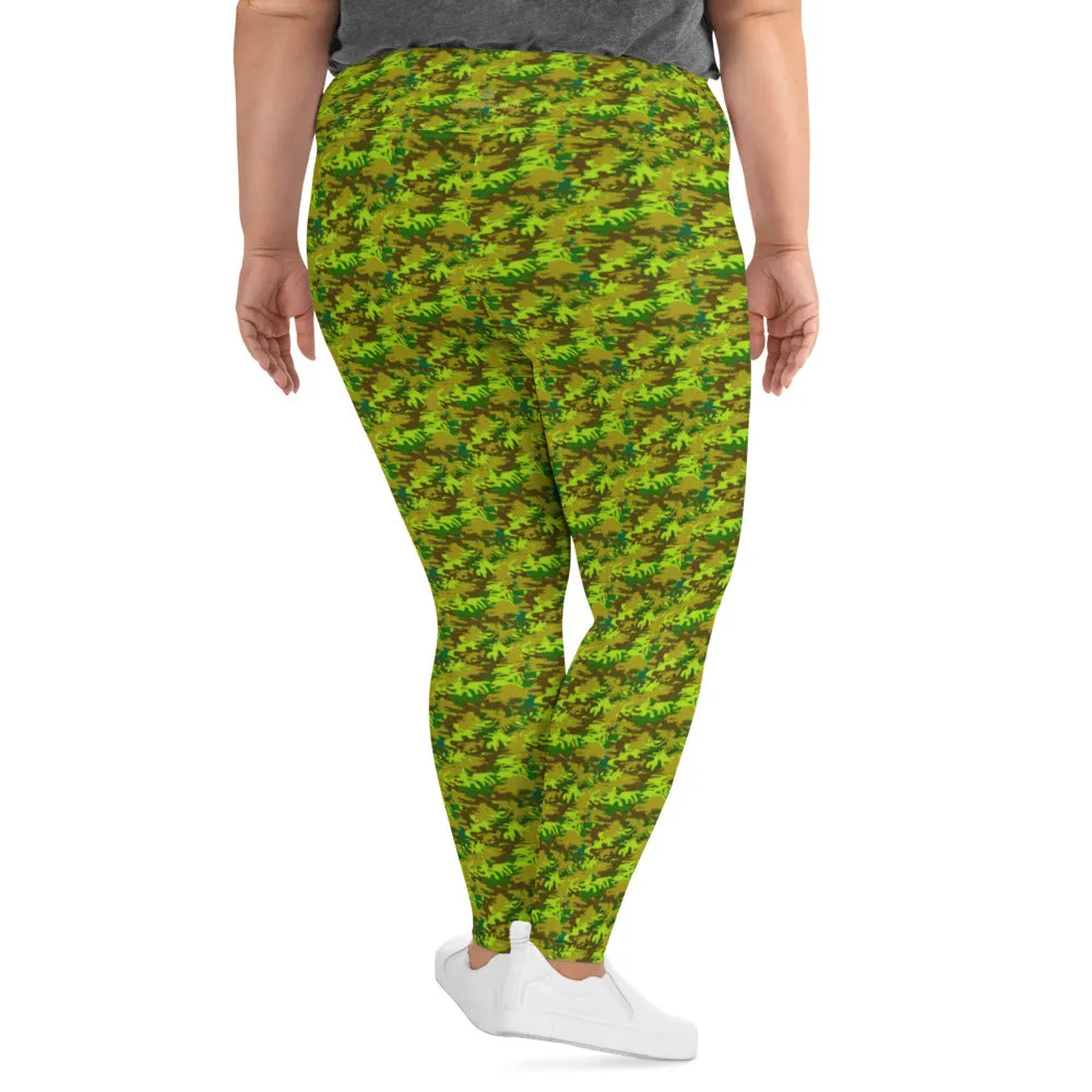 Green Camo Plus Size Leggings, Camouflage Women's Plus Size Leggings- Made in USA/ EU