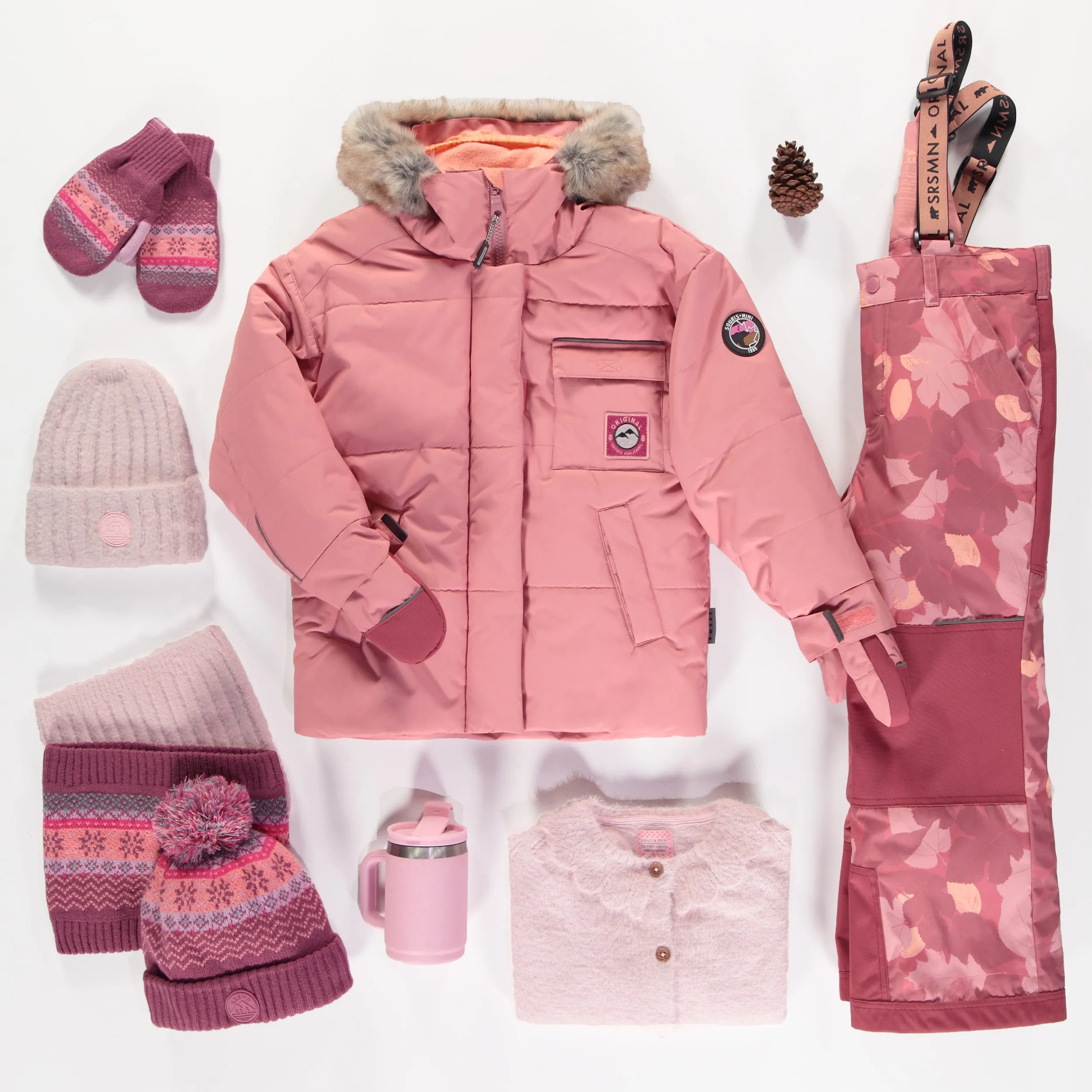 Habit de neige deux pièces rose à motifs, enfant || Two-piece pink snowsuit with an all over print, child