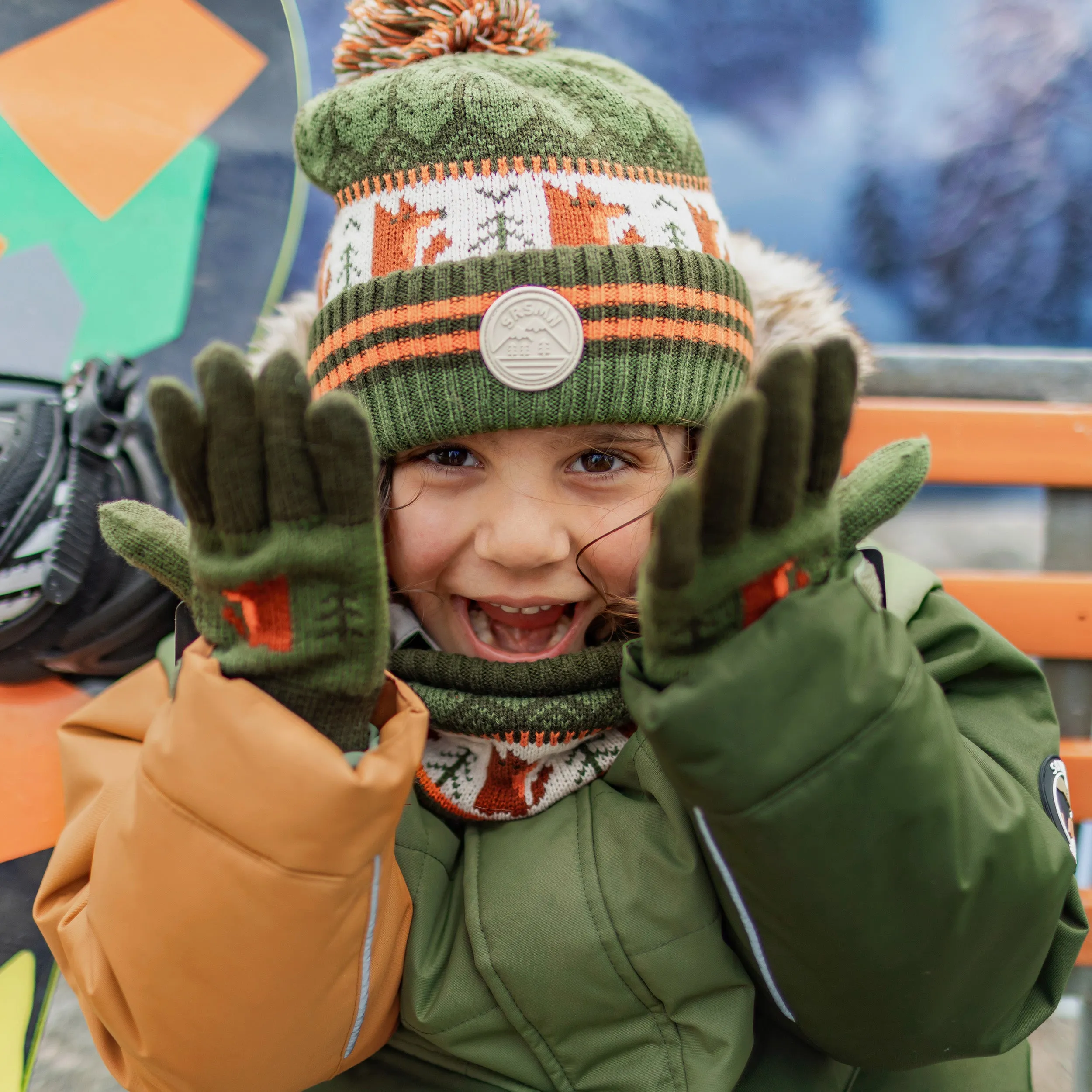 Habit de neige deux pièces vert et orange, enfant || Two-piece green and orange snowsuit, child