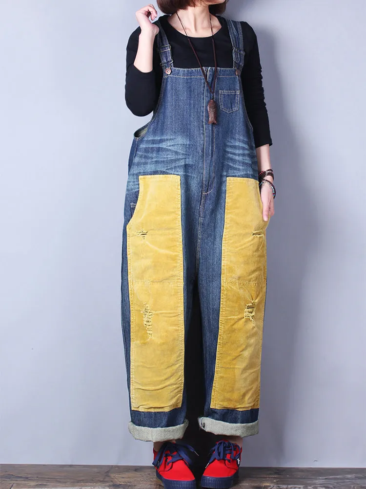 Happy Heart Color Contrast Denim Overall Dungarees