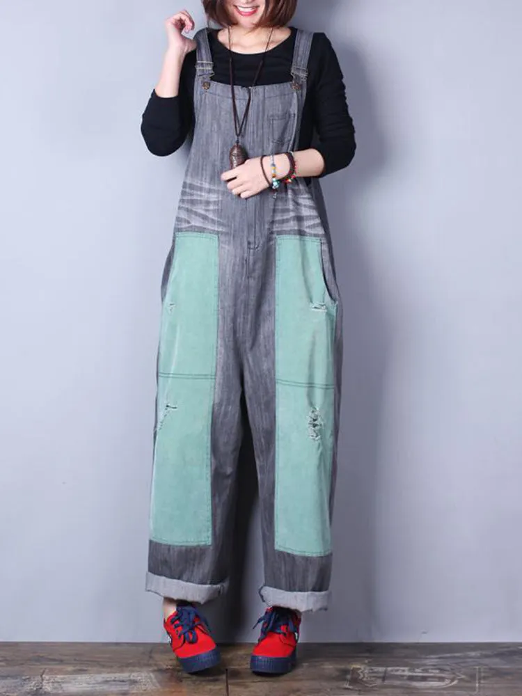 Happy Heart Color Contrast Denim Overall Dungarees