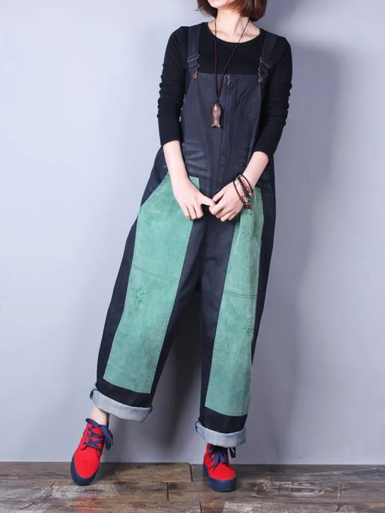 Happy Heart Color Contrast Denim Overall Dungarees