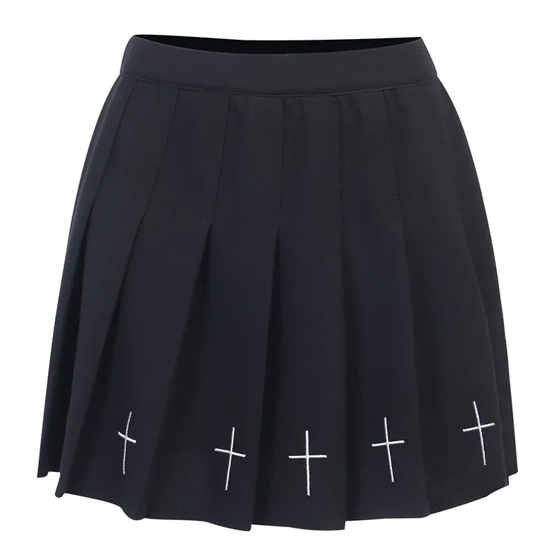 Hot Goth High Waist Mini Black Skirts Gothic Streetwear Cross Print Pleated Women Skirt