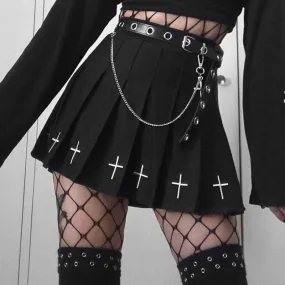 Hot Goth High Waist Mini Black Skirts Gothic Streetwear Cross Print Pleated Women Skirt