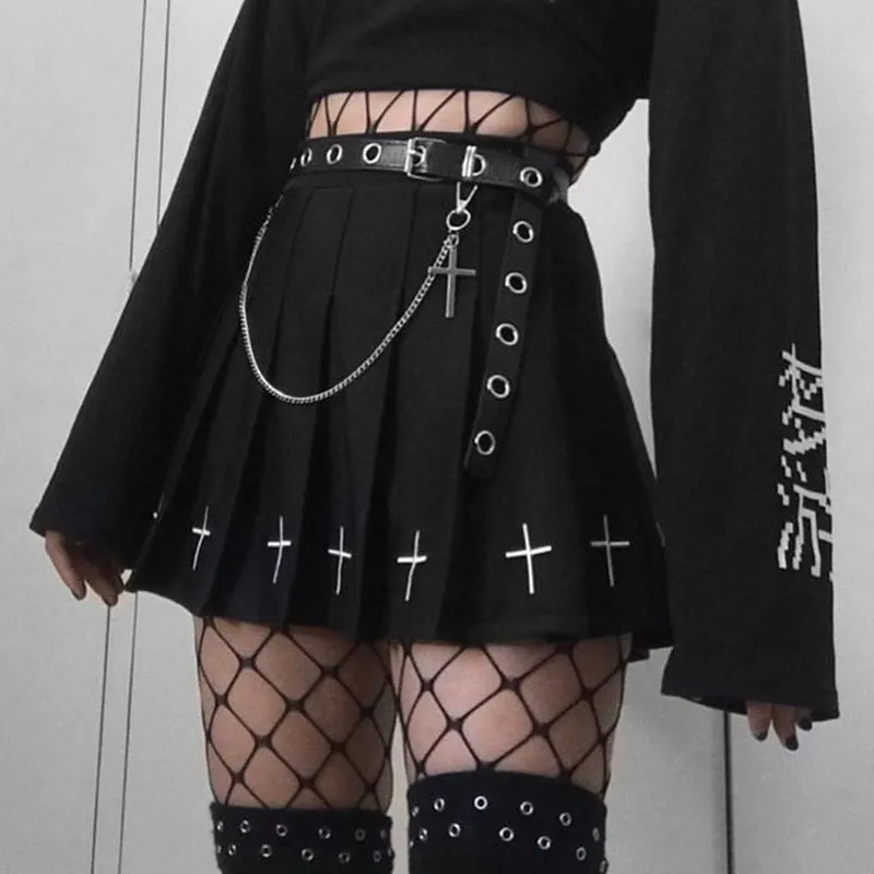 Hot Goth High Waist Mini Black Skirts Gothic Streetwear Cross Print Pleated Women Skirt