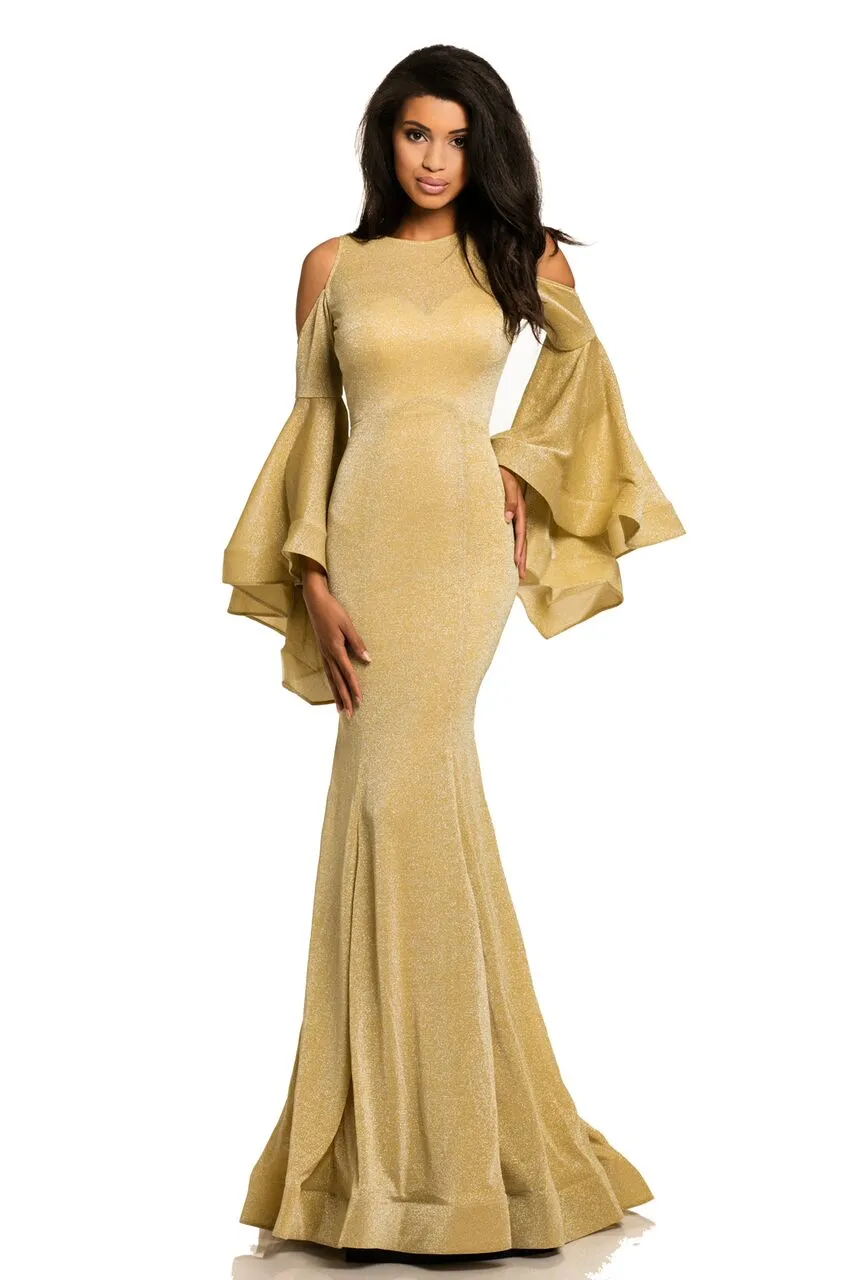 Johnathan Kayne 8111 Size 2 Long Backless Bell Sleeve Dress Shimmer Mermaid Formal