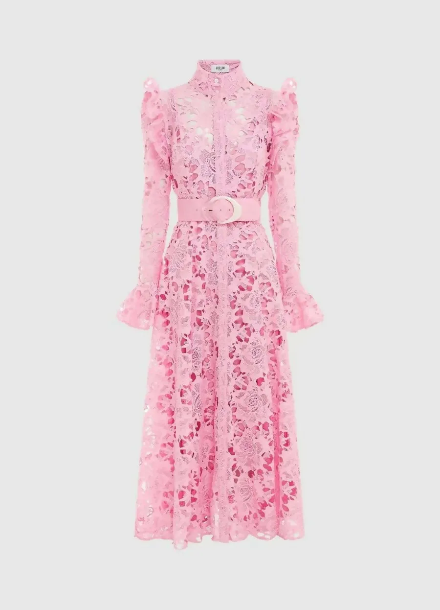 Leo Lin Aliyah Lace Butterfly Sleeve Midi in Candy Pink