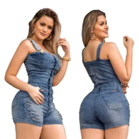 Light Blue Square Neck Slim Fit Denim Overall Romper