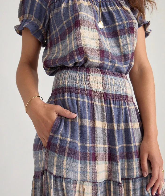 Marine Layer Chloe Smocked Maxi Skirt Dusty Blue Plaid