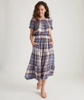 Marine Layer Chloe Smocked Maxi Skirt Dusty Blue Plaid