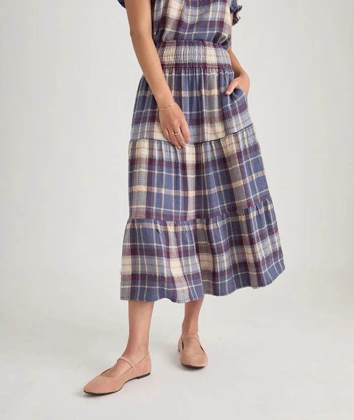 Marine Layer Chloe Smocked Maxi Skirt Dusty Blue Plaid