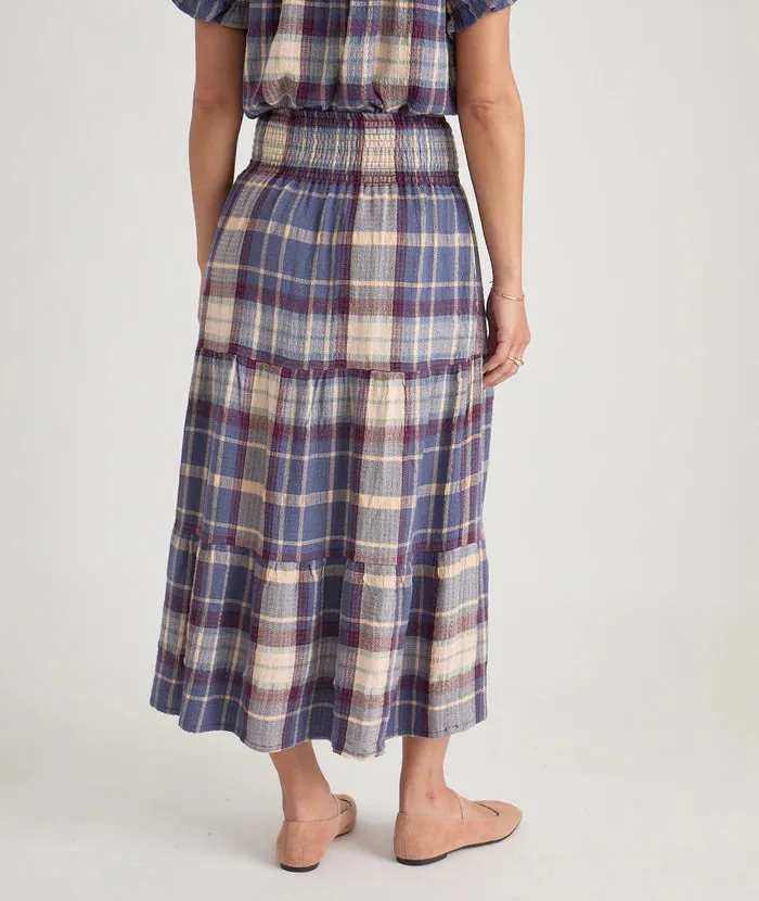 Marine Layer Chloe Smocked Maxi Skirt Dusty Blue Plaid