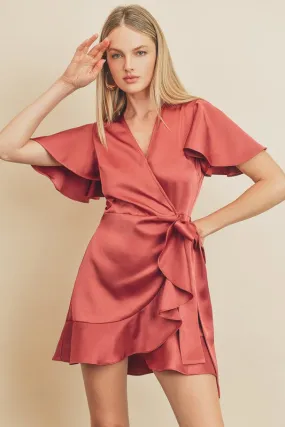 Marsala Flutter Sleeve Mini Wrap Dress