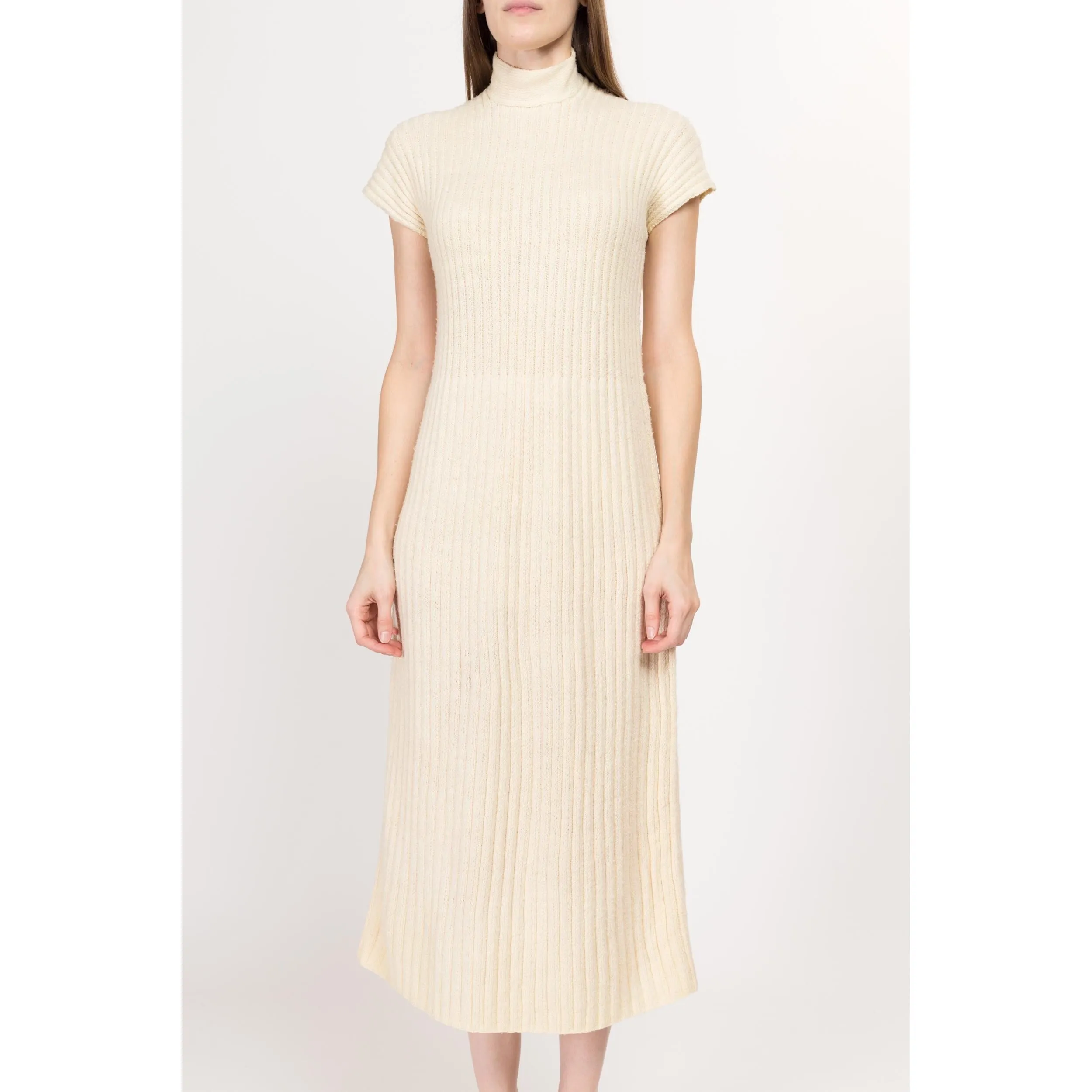 Medium 60s Cream Ribbed Knit Midi Dress