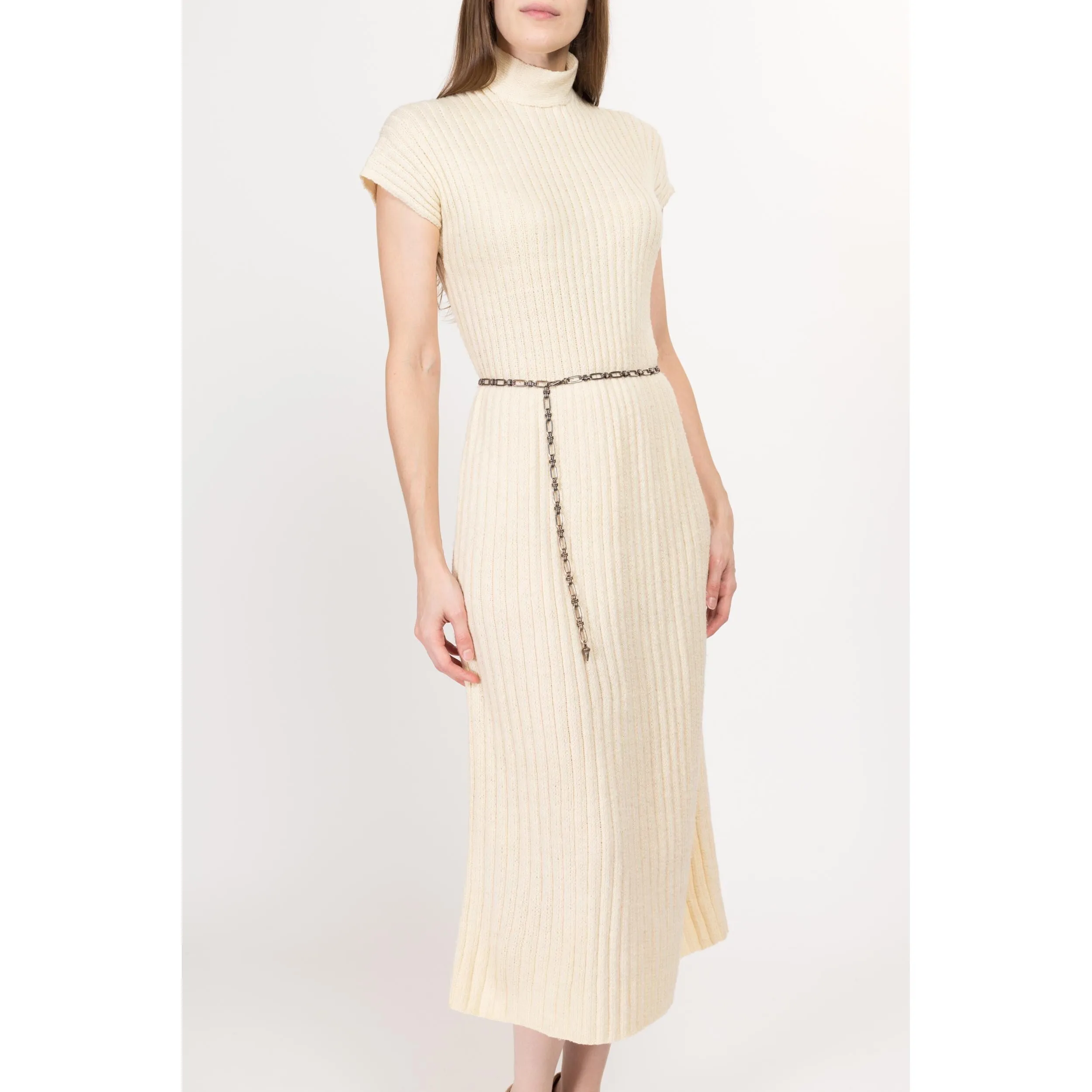 Medium 60s Cream Ribbed Knit Midi Dress