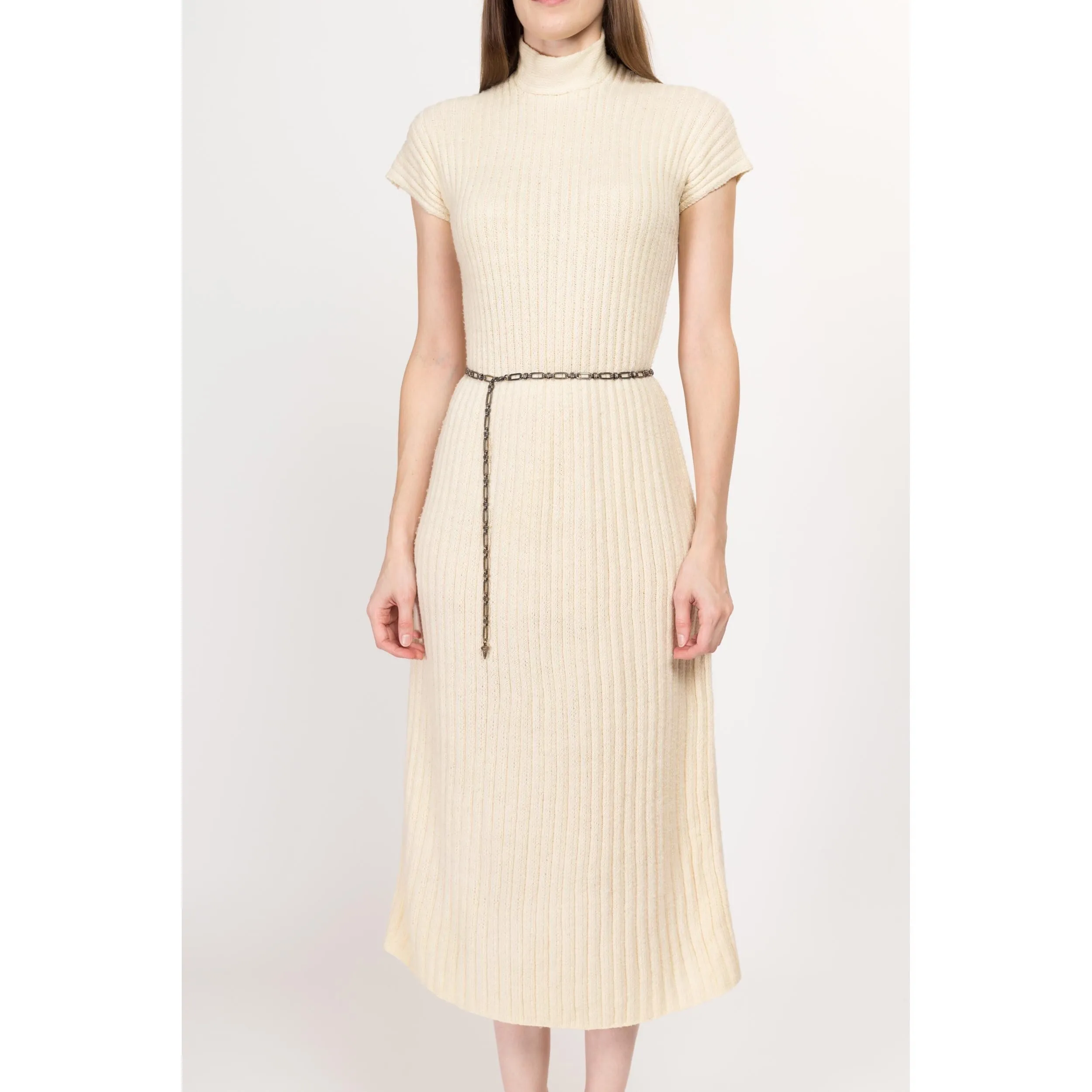 Medium 60s Cream Ribbed Knit Midi Dress