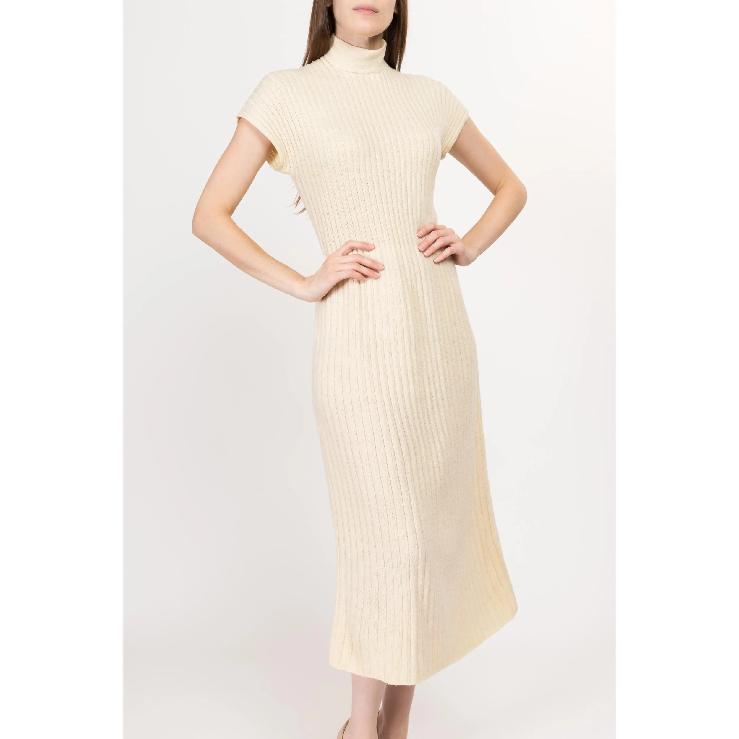 Medium 60s Cream Ribbed Knit Midi Dress