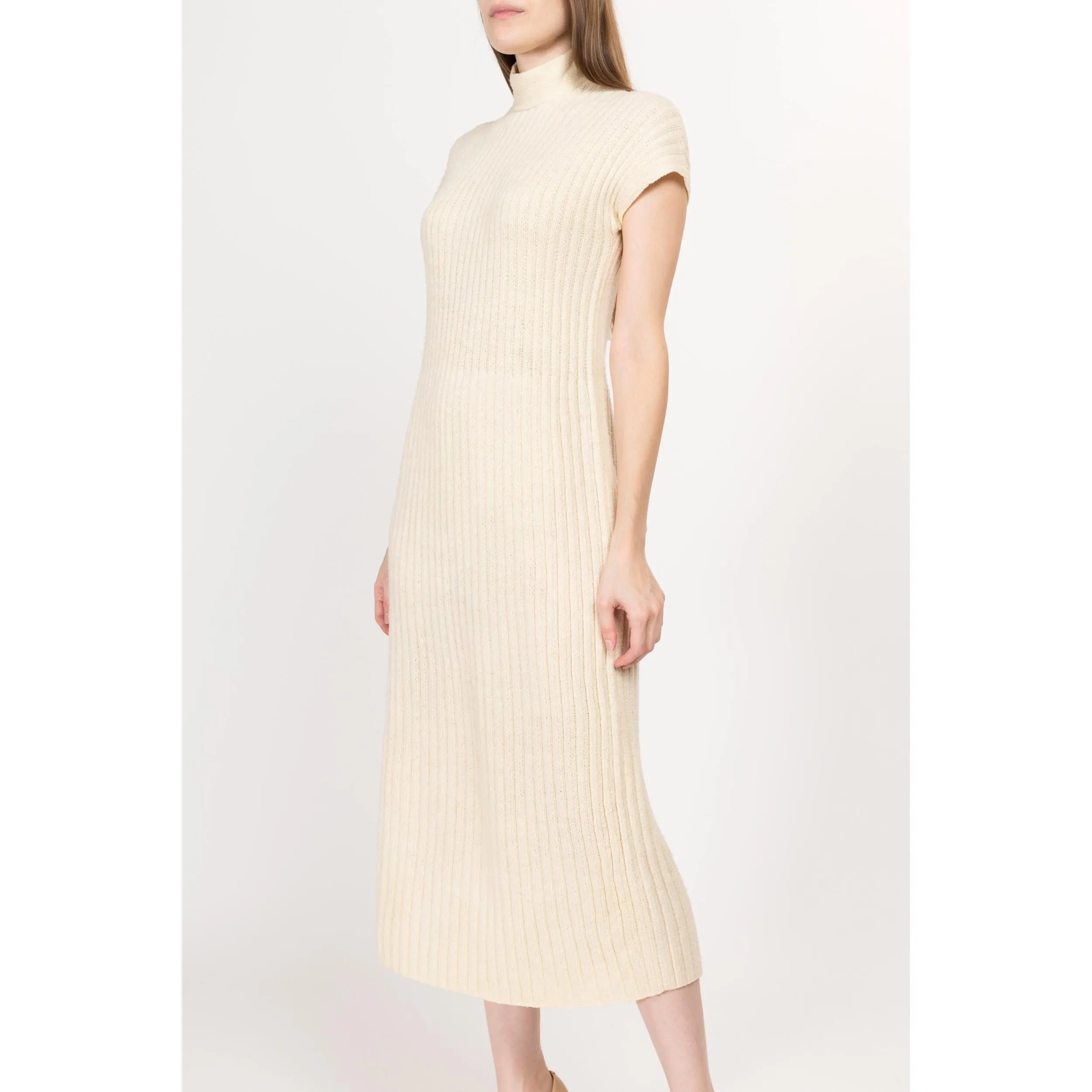 Medium 60s Cream Ribbed Knit Midi Dress