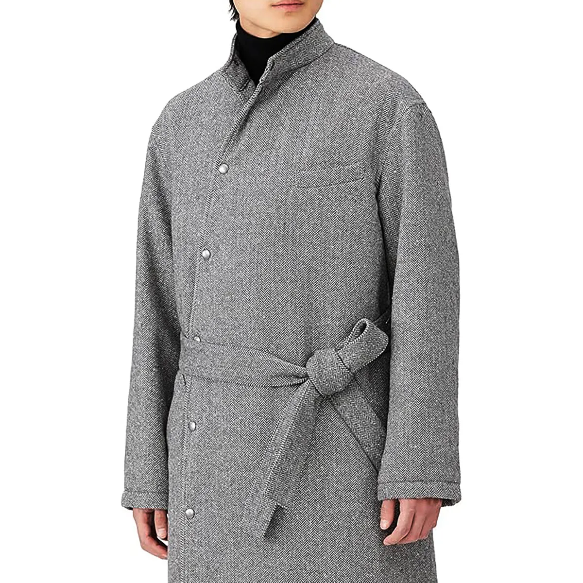 Men's Kinono Long Coat Wool Herringbone Filled with padding 48L - Tokyo Collection Made in Japan