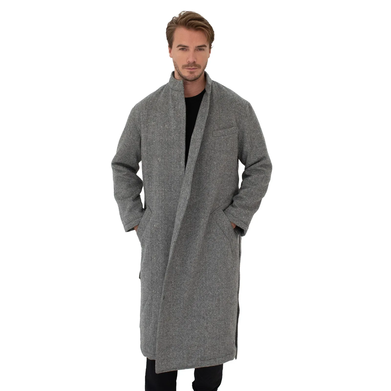 Men's Kinono Long Coat Wool Herringbone Filled with padding 48L - Tokyo Collection Made in Japan