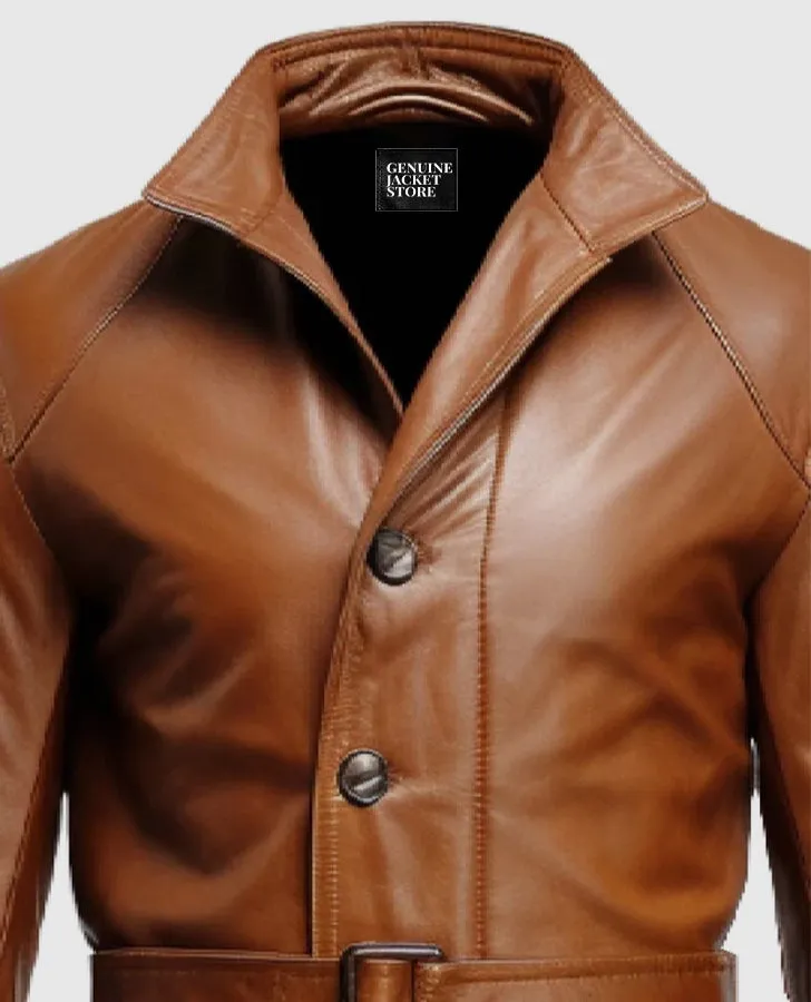 Men's Vintage Big Pockets Tan Brown Leather Coat