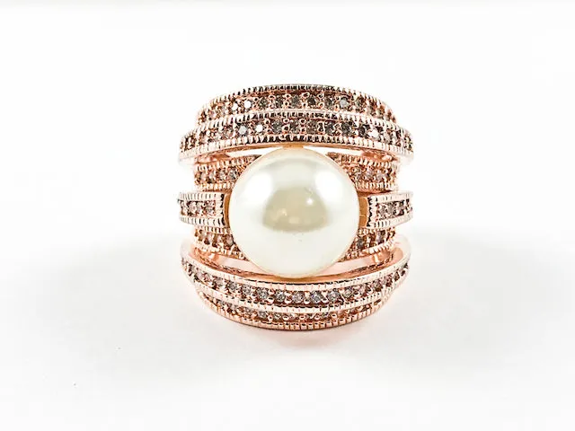 Modern Unique Multi Layer CZ Ring With Center Pearl Rose Gold Plating Brass Ring