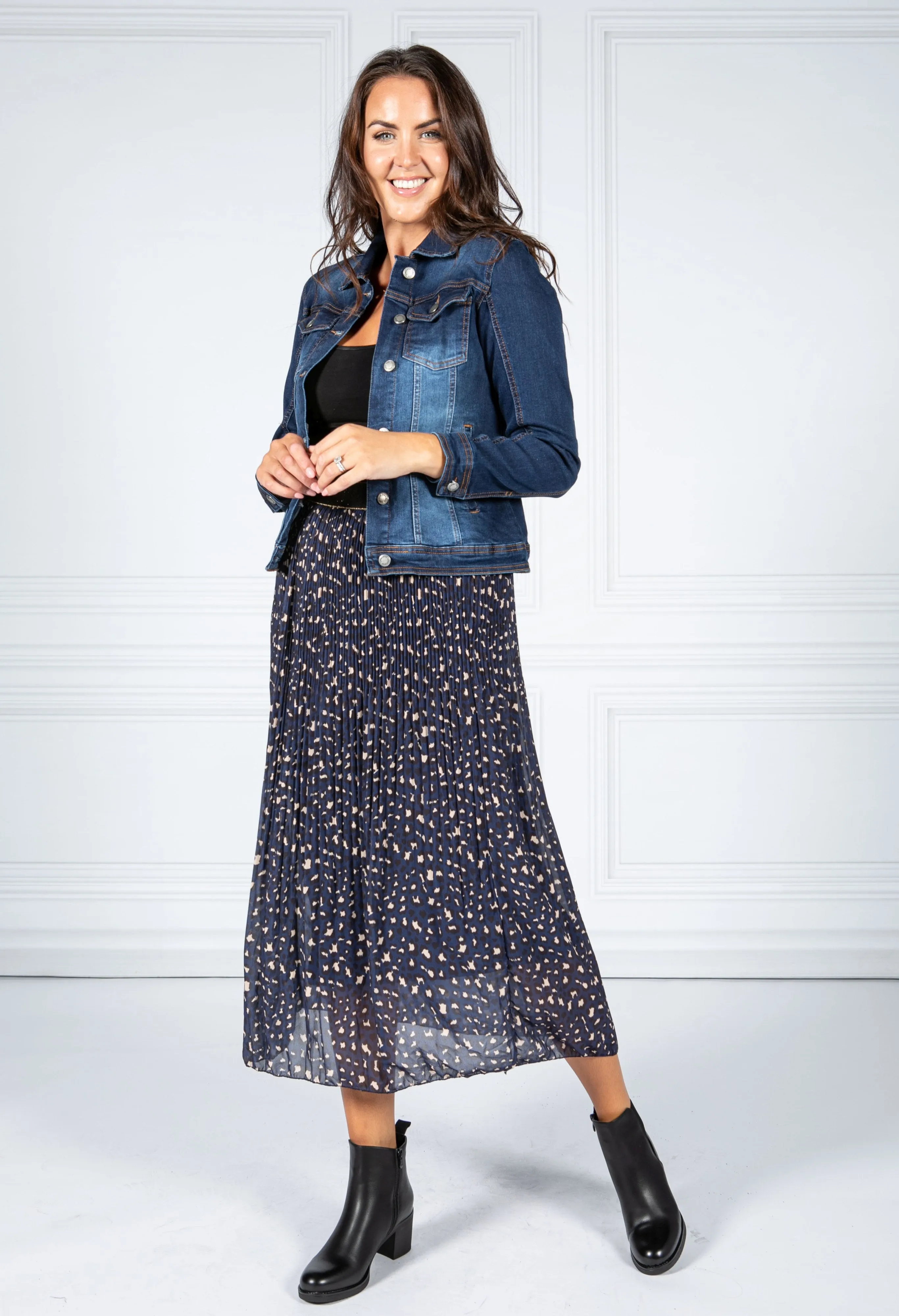 Navy Pleated Leopard Print Skirt