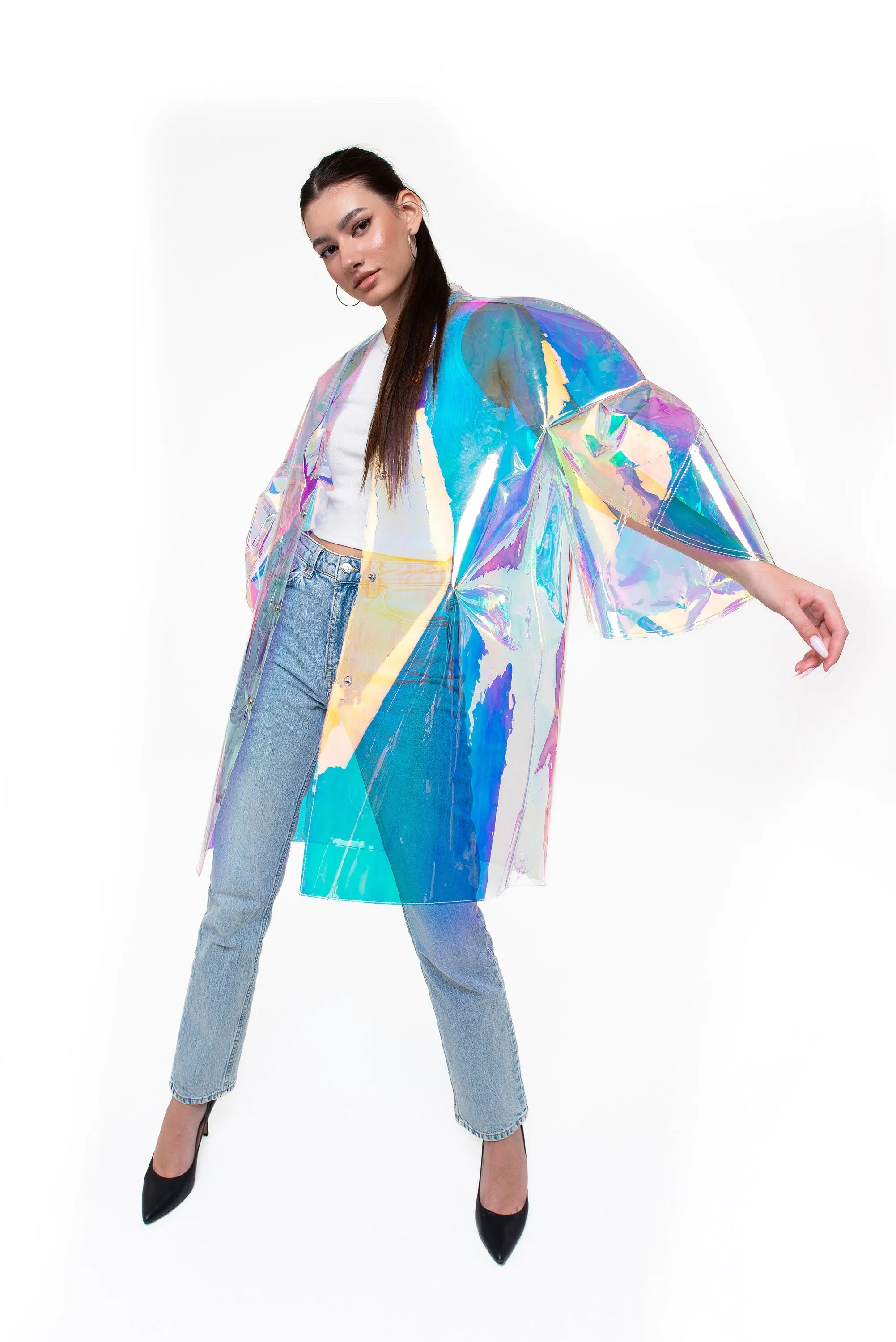 NEW Gorgeous Iridescent Unisex Coat! Outstanding TPU Trench Coat. Party clothing.