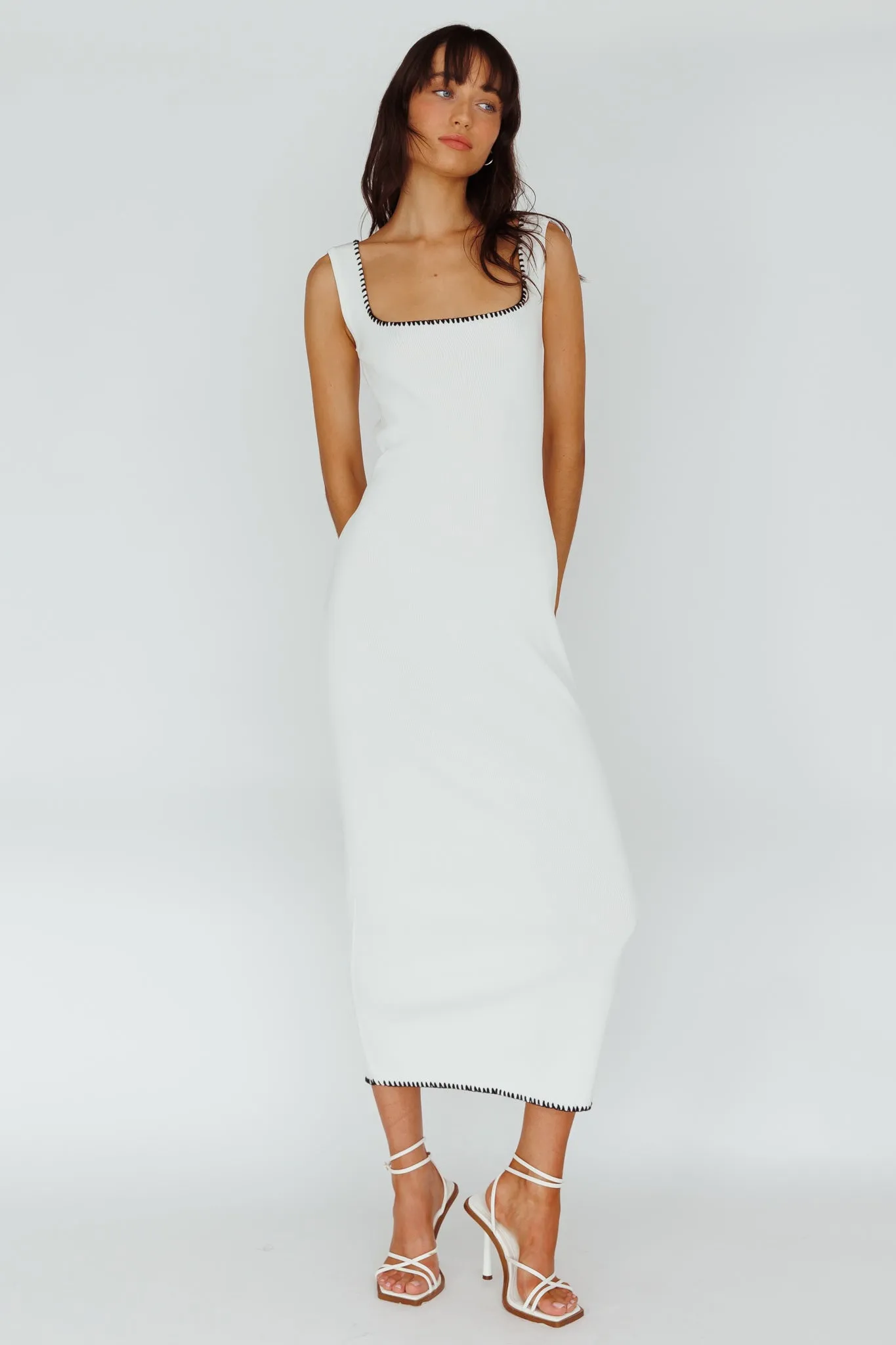 North Shore Blanket Stitch Knit Maxi Dress White