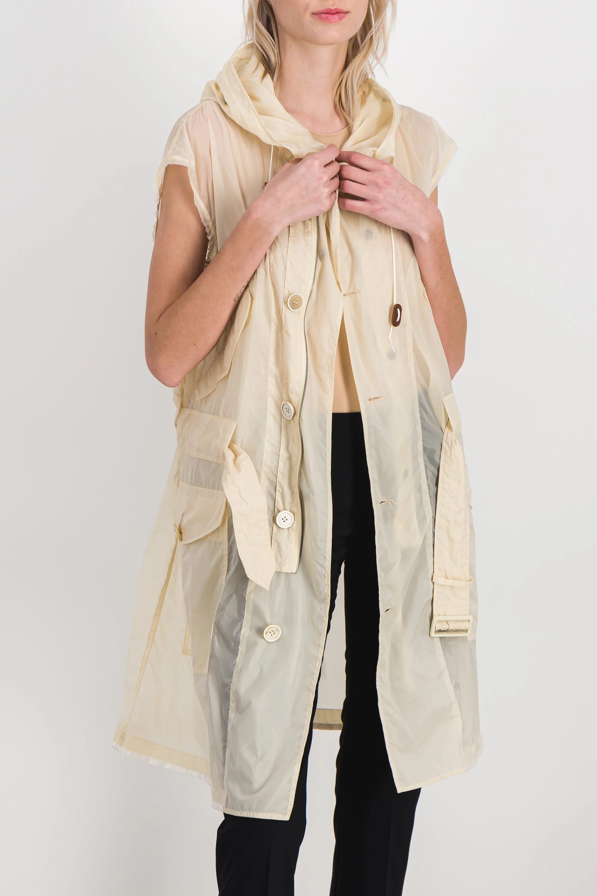 Nylon sleeveless semi-sheer trench-coat