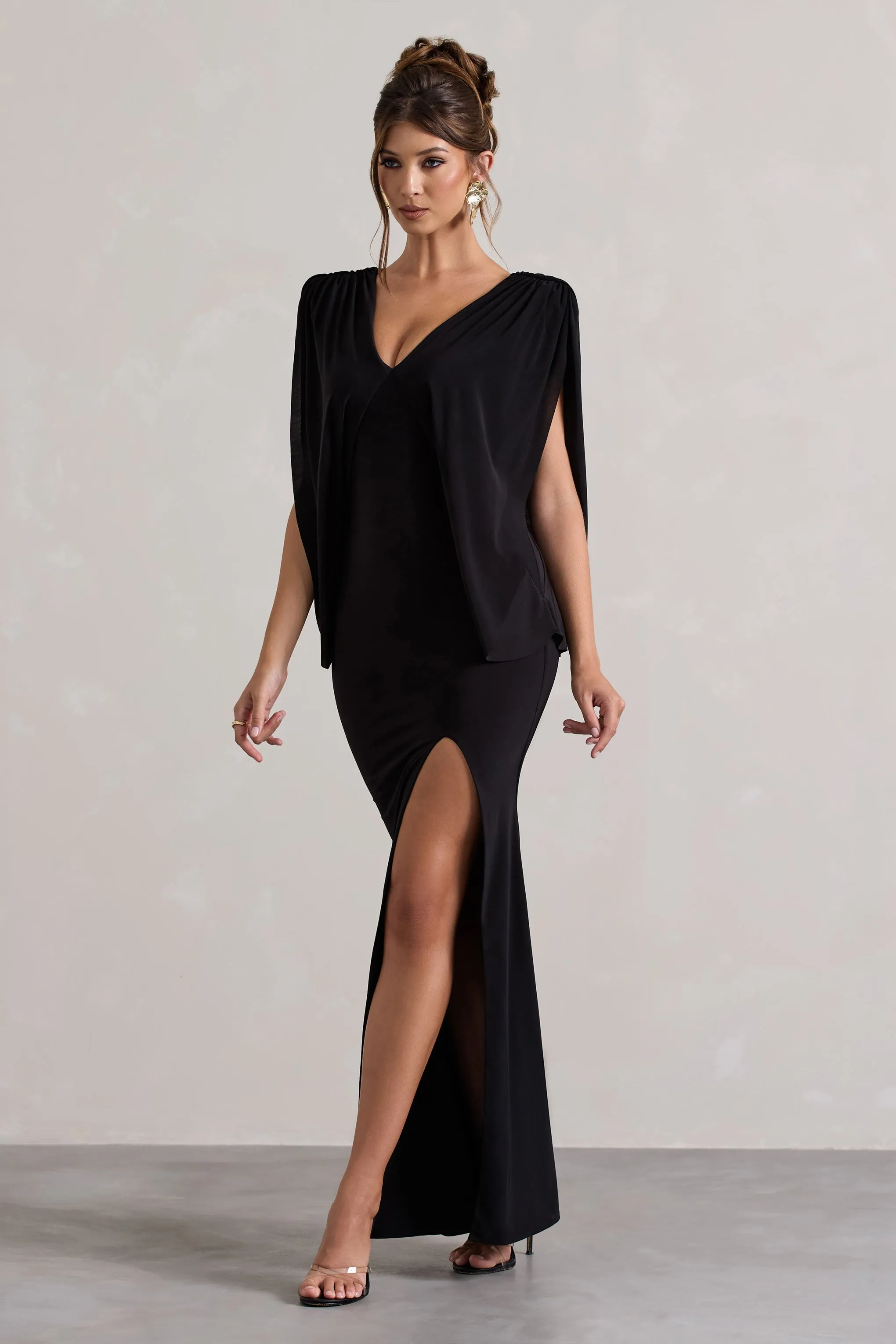 Perry | Black V-Neck Cape Sleeve Split Maxi Dress