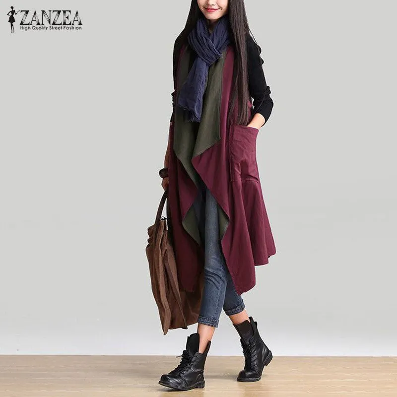 Reversible Casual Outerwear Sleeveless Long Trench Coat Cardigan for Women