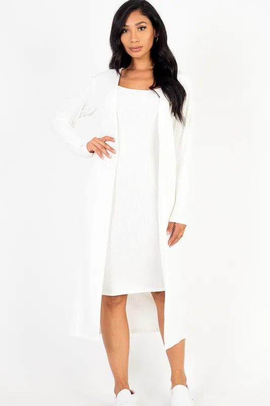 Ribbed Cardigan & Cami Midi Bodycon Dress