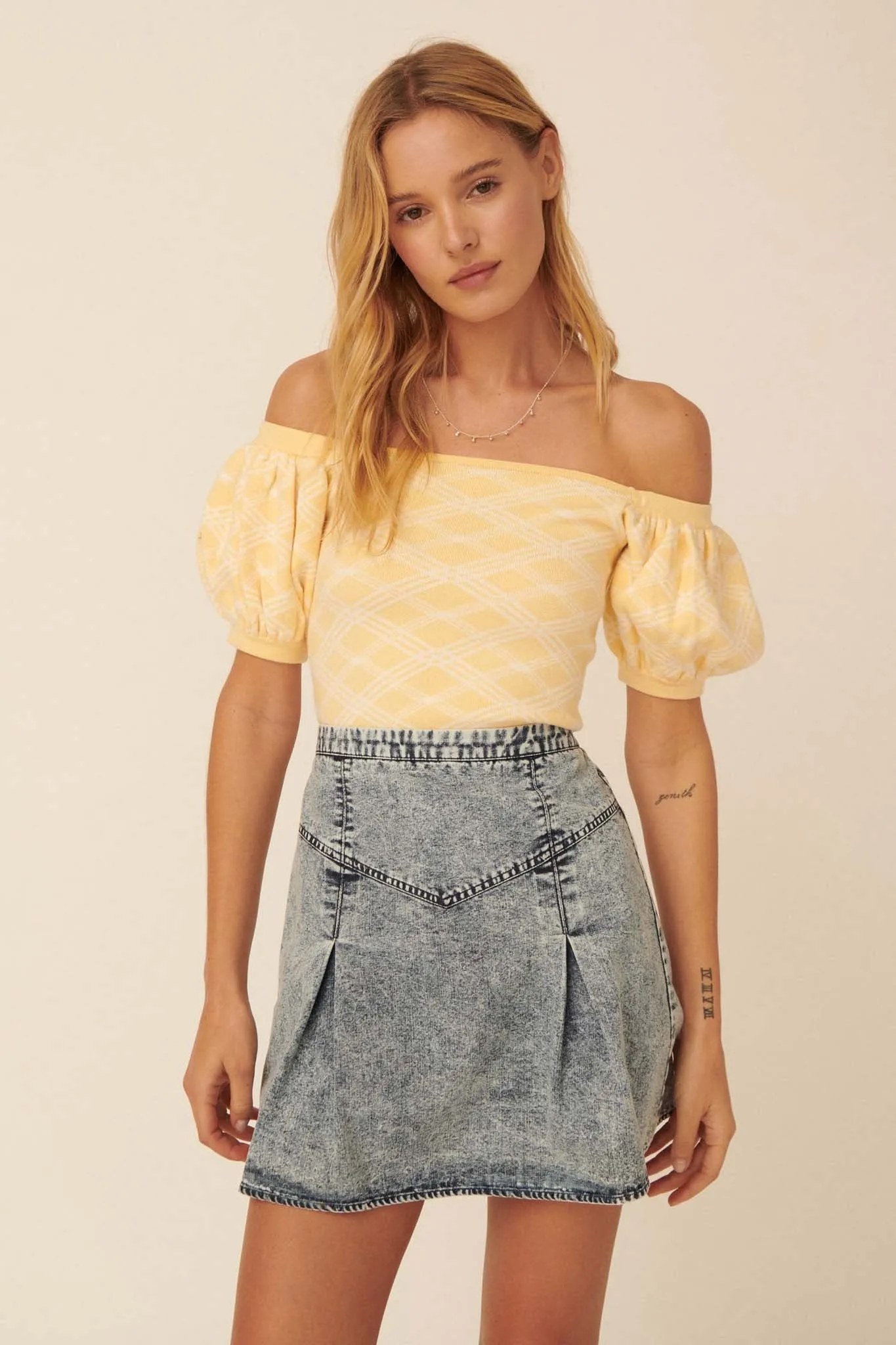 Smooth As Stone Denim Pleated A-Line Mini Skirt