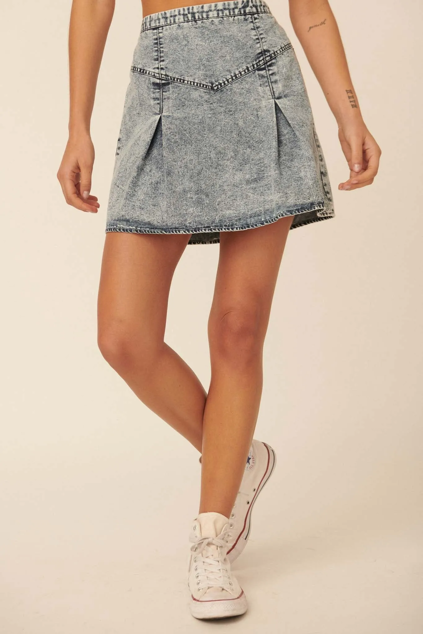 Smooth As Stone Denim Pleated A-Line Mini Skirt